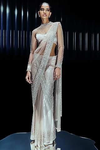 Silver Tulle & Mesh Bead Embellished Saree Set by Rohit Gandhi & Rahul Khanna