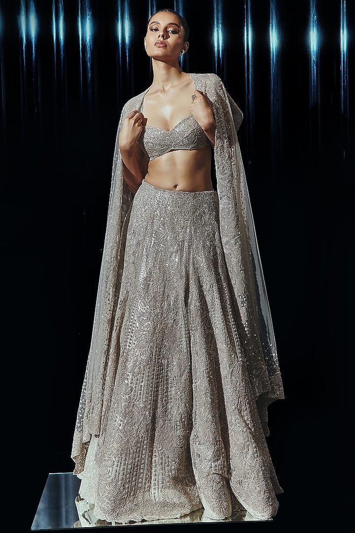 Silver Tulle & Poly Organza Embroidered Jacket Bridal Lehenga Set by Rohit Gandhi & Rahul Khanna at Pernia's Pop Up Shop