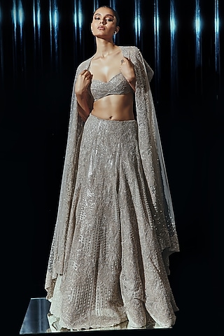 Silver Tulle & Poly Organza Embroidered Jacket Lehenga Set by Rohit Gandhi & Rahul Khanna