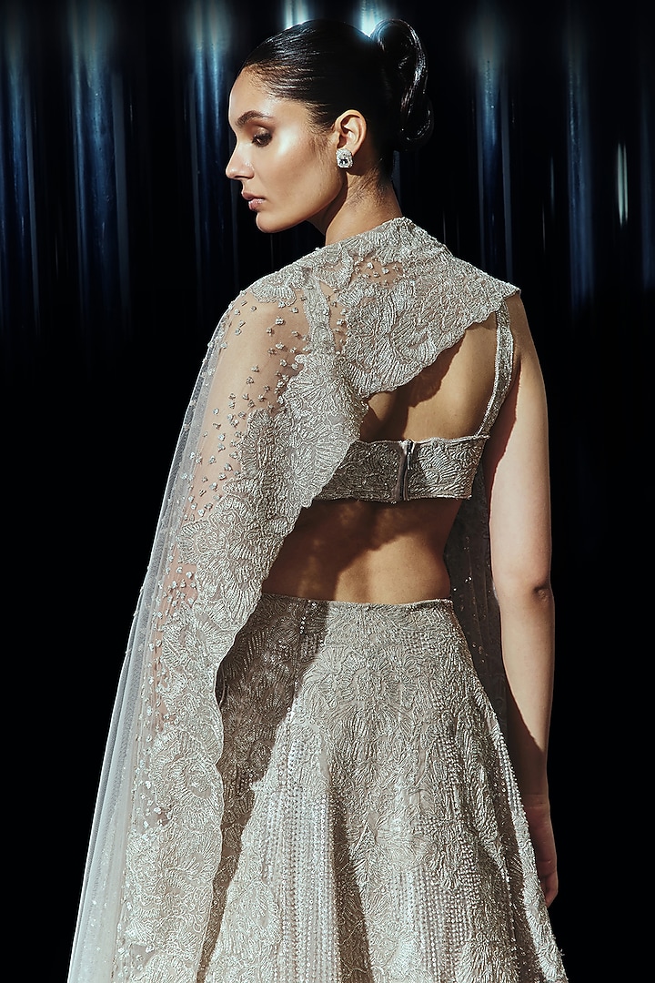 Silver Tulle & Poly Organza Embroidered Jacket Bridal Lehenga Set by Rohit Gandhi & Rahul Khanna at Pernia's Pop Up Shop