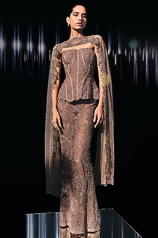 Vintage Rose Tulle Cutdana Embroidered Skirt Set by Rohit Gandhi & Rahul Khanna