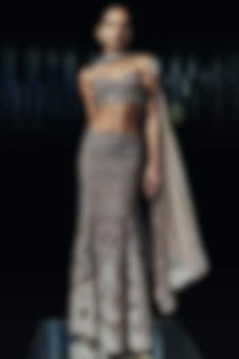 Vintage Rose Viscose Crepe Applique Embroidered Bridal Lehenga Set by Rohit Gandhi & Rahul Khanna at Pernia's Pop Up Shop