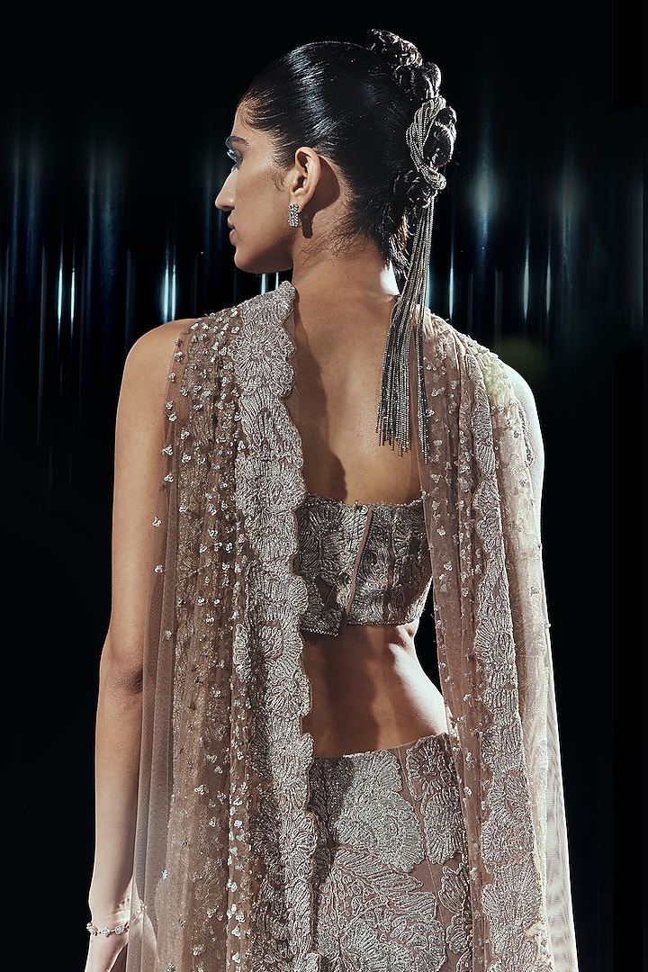 Vintage Rose Viscose Crepe Applique Embroidered Bridal Lehenga Set by Rohit Gandhi & Rahul Khanna at Pernia's Pop Up Shop