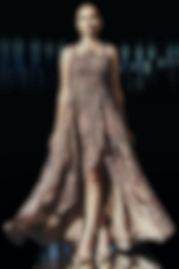 Vintage Rose Viscose Crepe & Tulle Applique Embroidered Party Wear Dress by Rohit Gandhi & Rahul Khanna at Pernia's Pop Up Shop