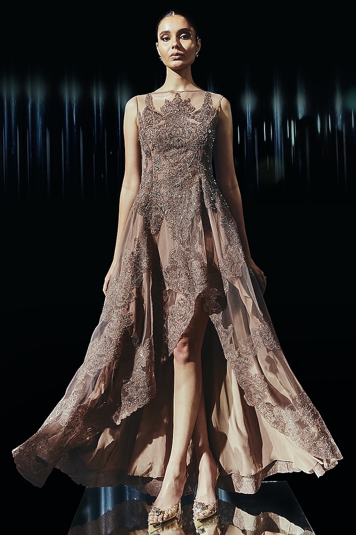 Vintage Rose Viscose Crepe & Tulle Applique Embroidered Party Wear Dress by Rohit Gandhi & Rahul Khanna at Pernia's Pop Up Shop