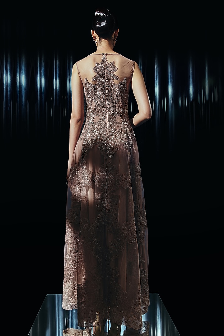 Vintage Rose Viscose Crepe & Tulle Applique Embroidered Party Wear Dress by Rohit Gandhi & Rahul Khanna at Pernia's Pop Up Shop
