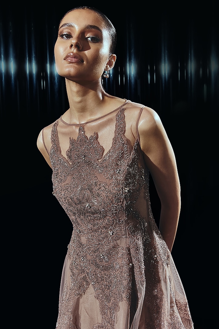 Vintage Rose Viscose Crepe & Tulle Applique Embroidered Party Wear Dress by Rohit Gandhi & Rahul Khanna at Pernia's Pop Up Shop