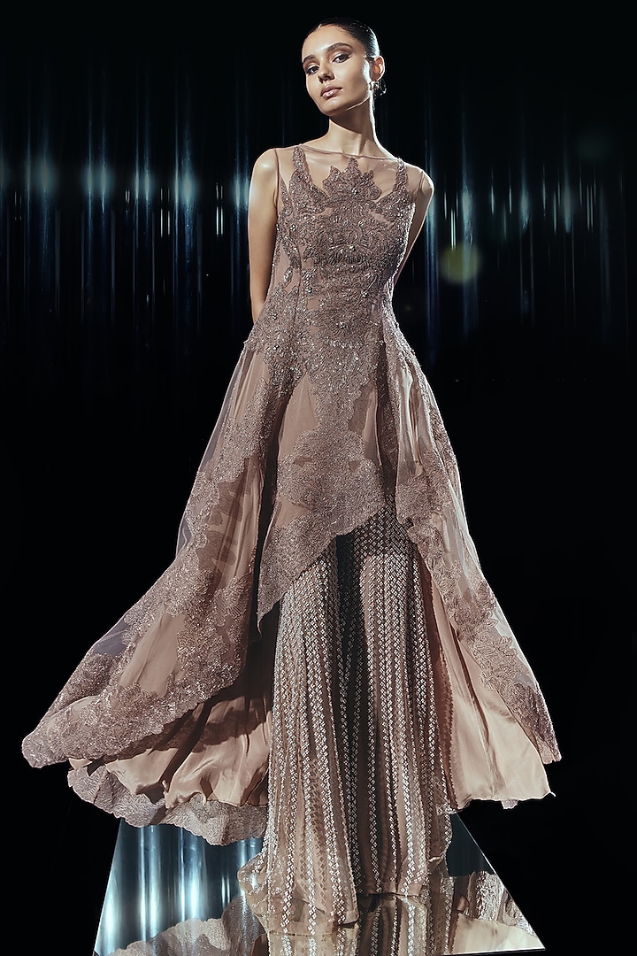 Vintage Rose Viscose Crepe & Tulle Applique Embroidered Party Wear Dress by Rohit Gandhi & Rahul Khanna at Pernia's Pop Up Shop