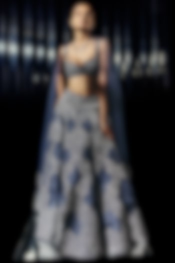 Slate Blue Viscose Crepe Applique Embroidered Bridal Lehenga Set by Rohit Gandhi & Rahul Khanna at Pernia's Pop Up Shop