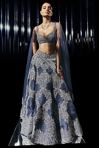 Slate Blue Viscose Crepe Applique Embroidered Lehenga Set by Rohit Gandhi & Rahul Khanna