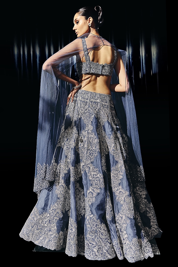 Slate Blue Viscose Crepe Applique Embroidered Bridal Lehenga Set by Rohit Gandhi & Rahul Khanna at Pernia's Pop Up Shop