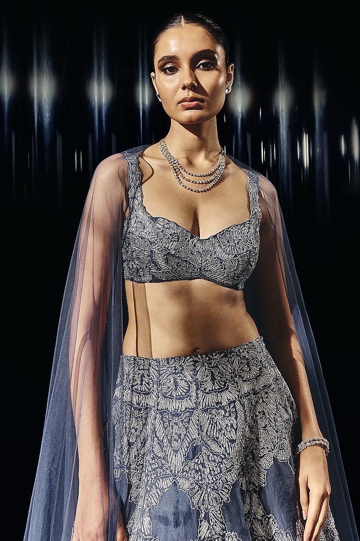 Slate Blue Viscose Crepe Applique Embroidered Bridal Lehenga Set by Rohit Gandhi & Rahul Khanna at Pernia's Pop Up Shop