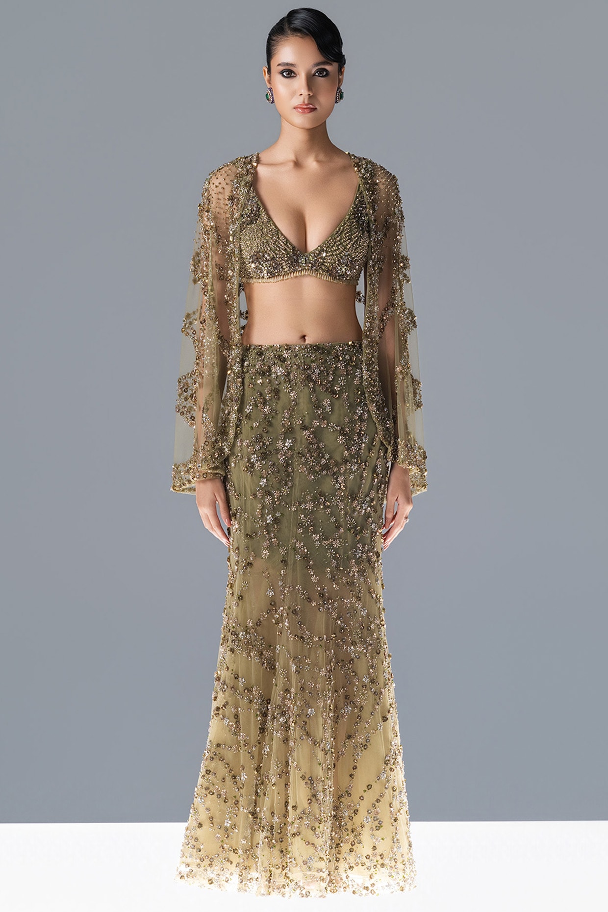 Rohit Gandhi & Rahul Khanna Fern Green Tulle Floral Embroidered Flared Lehenga Set