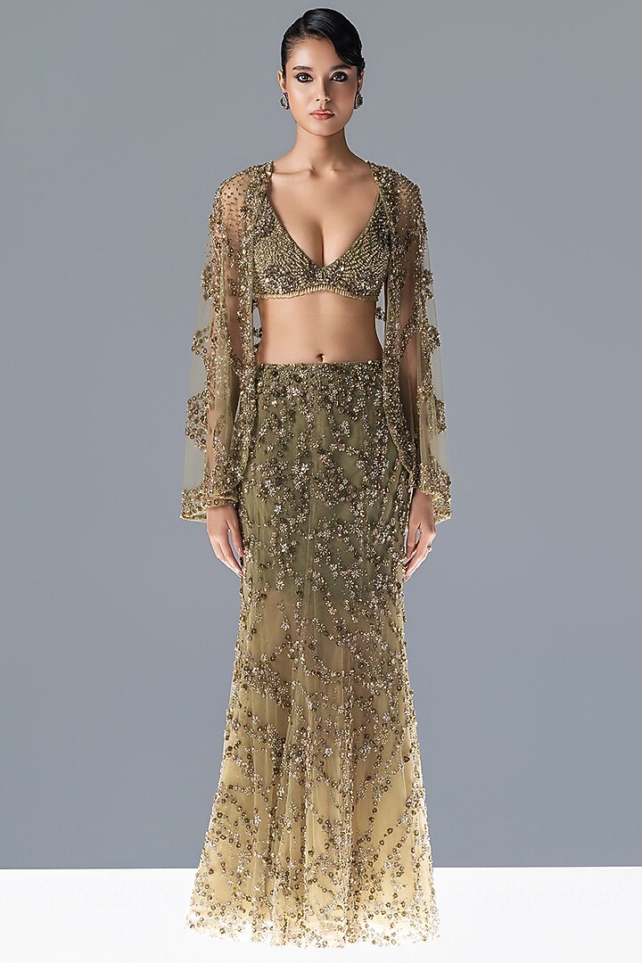 Fern Green Tulle Floral Embroidered Flared Bridal Lehenga Set by Rohit Gandhi & Rahul Khanna at Pernia's Pop Up Shop