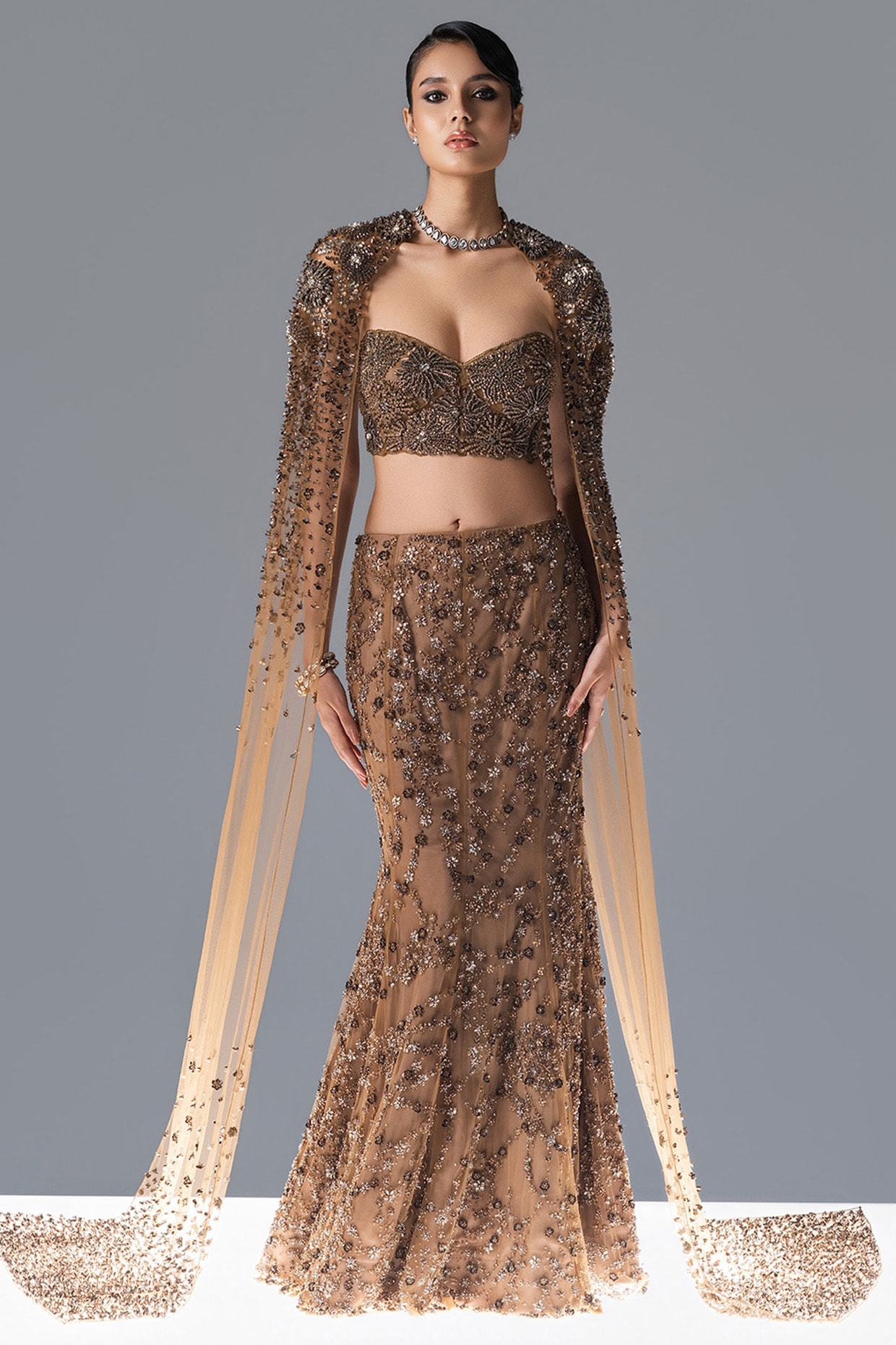 Rohit Gandhi & Rahul Khanna Gold Tulle Floral Hand Embroidered Lehenga Set