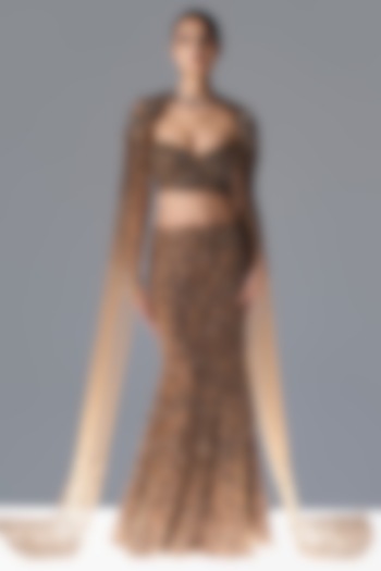 Gold Tulle Floral Hand Embroidered Bridal Lehenga Set by Rohit Gandhi & Rahul Khanna at Pernia's Pop Up Shop