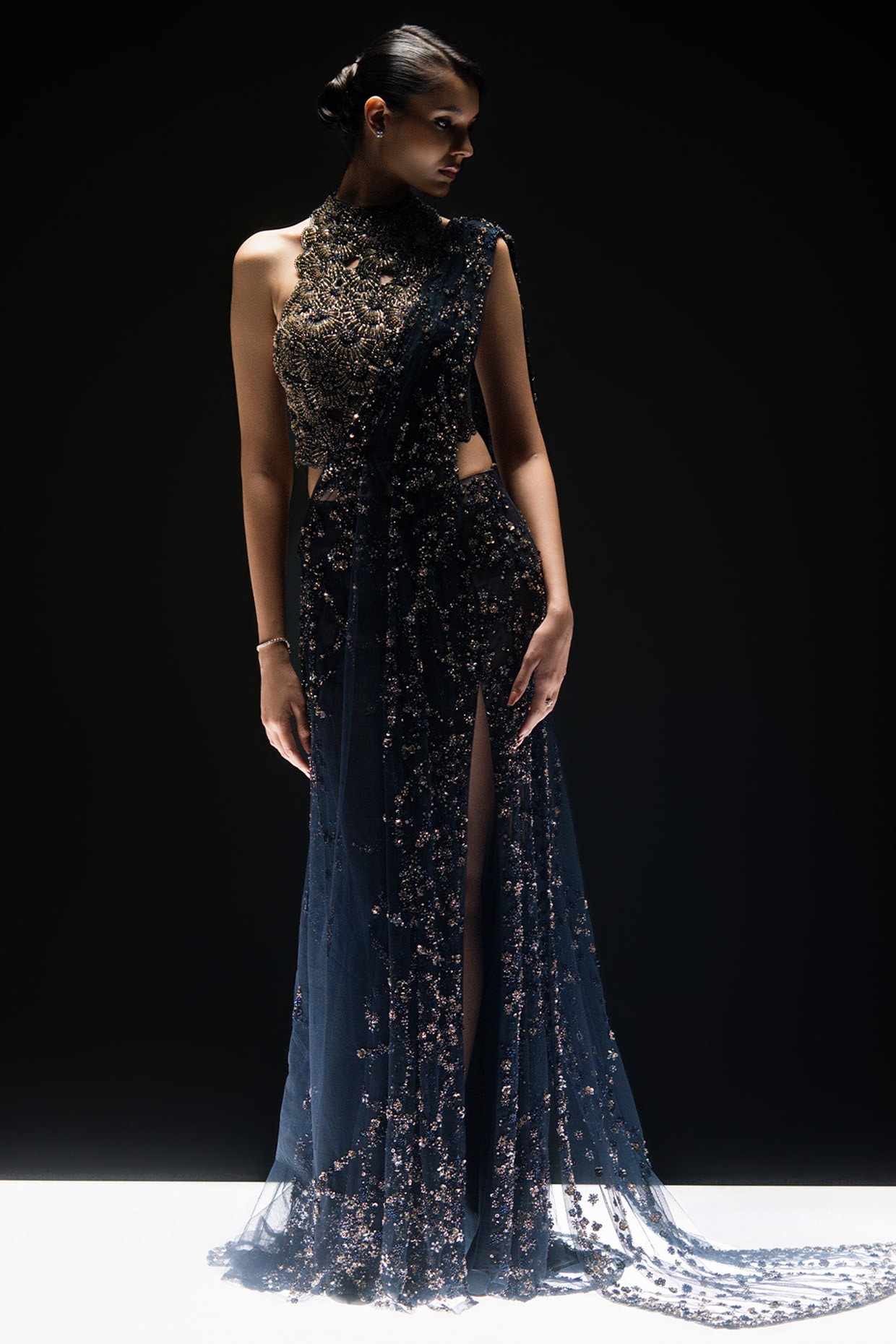 Rohit Gandhi & Rahul Khanna Navy Ombre Tulle Crystal Embroidered Draped Saree Set