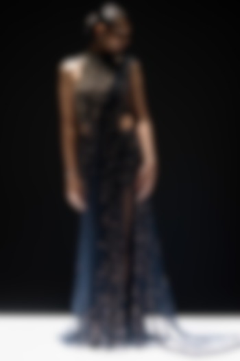 Navy Ombre Tulle Crystal Embroidered Draped Bridal Saree Set by Rohit Gandhi & Rahul Khanna at Pernia's Pop Up Shop