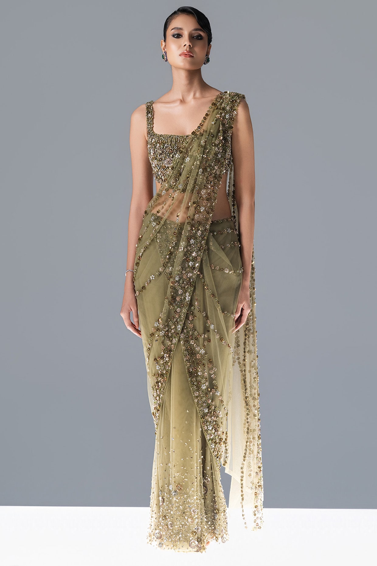 Rohit Gandhi & Rahul Khanna Fern Green Floral Crystal Embroidered Draped Saree Set