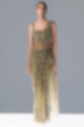 Fern Green Floral Crystal Embroidered Draped Bridal Saree Set by Rohit Gandhi & Rahul Khanna at Pernia's Pop Up Shop