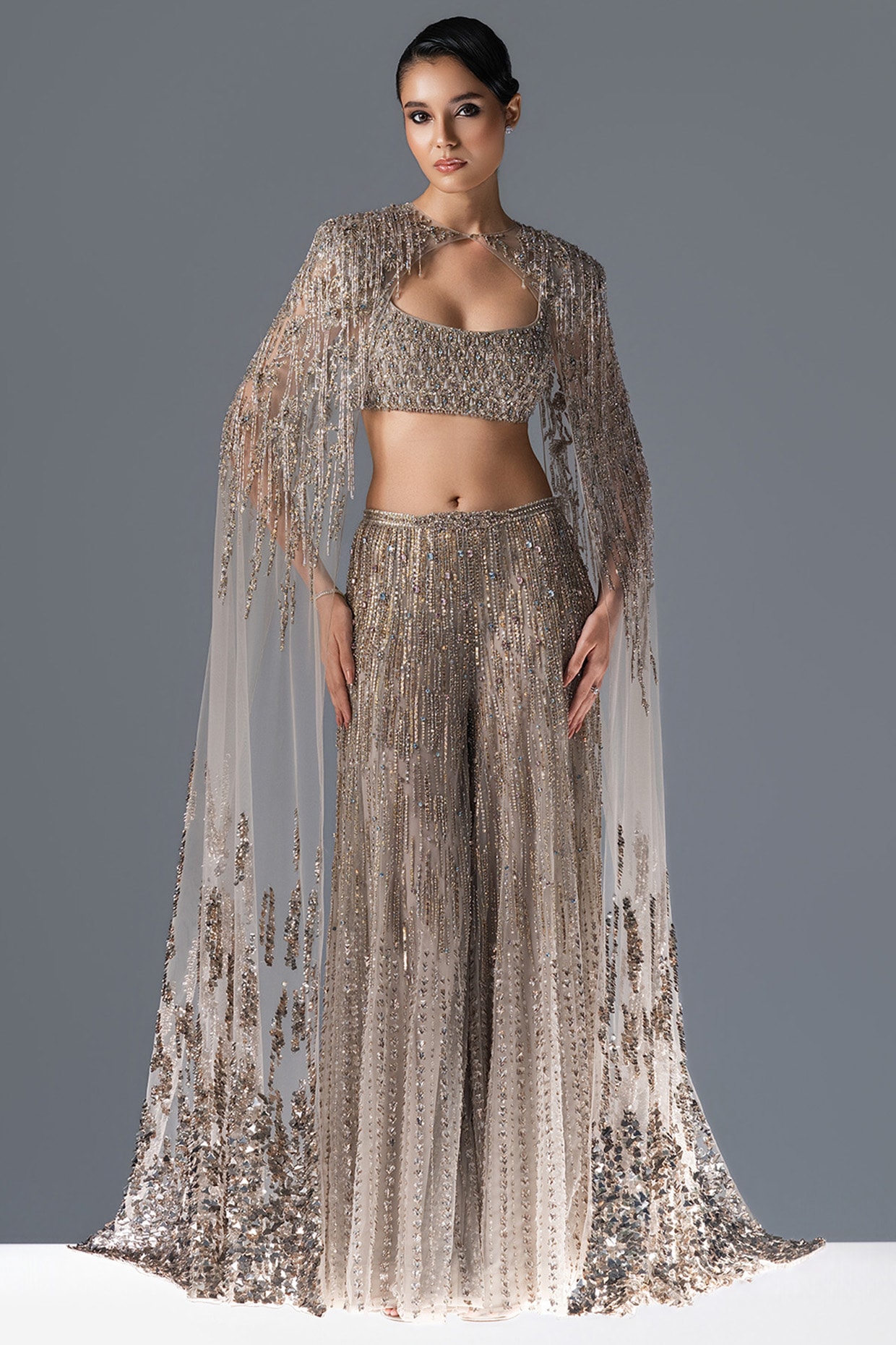 Rohit Gandhi & Rahul Khanna Dove Grey Tulle Embellished Cape Set