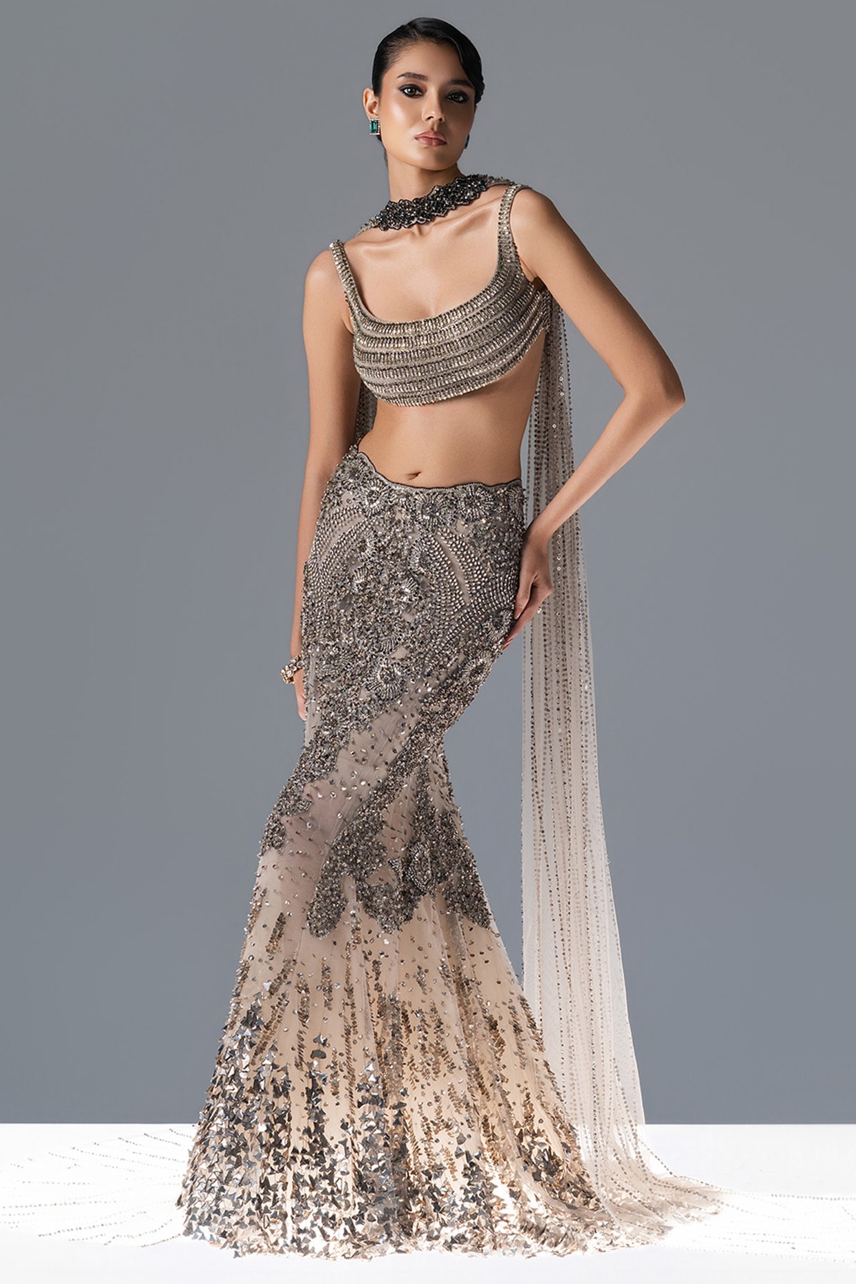 Rohit Gandhi & Rahul Khanna Dove Grey Motifs Hand Embellished Sculpted Lehenga Set