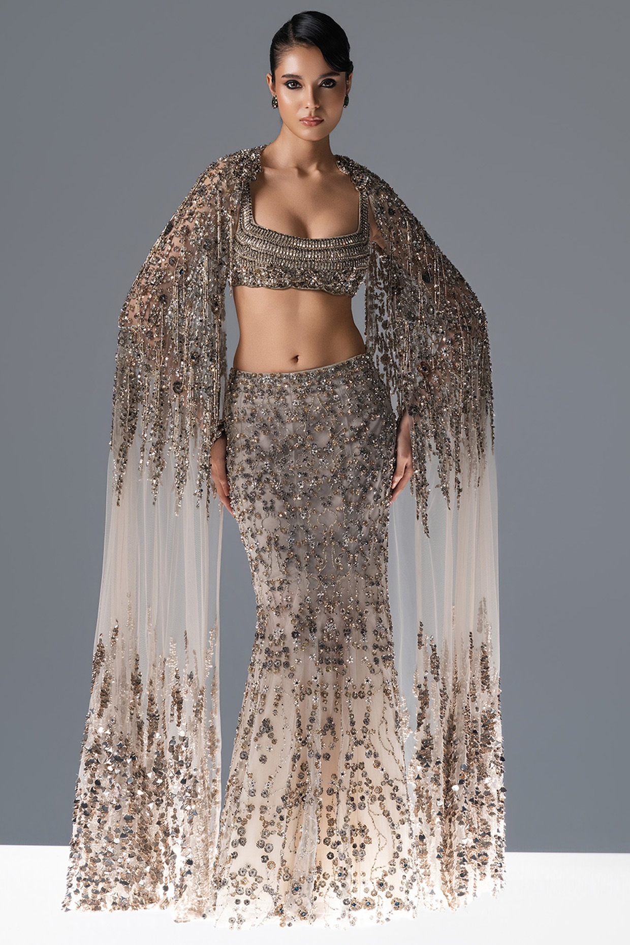 Rohit Gandhi & Rahul Khanna Champagne Tulle Crystal Embroidered Lehenga Set