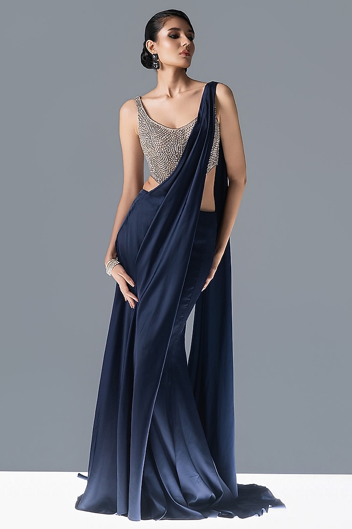 Midnight Blue Satin & Tulle Draped Reception Saree Set by Rohit Gandhi & Rahul Khanna at Pernia's Pop Up Shop