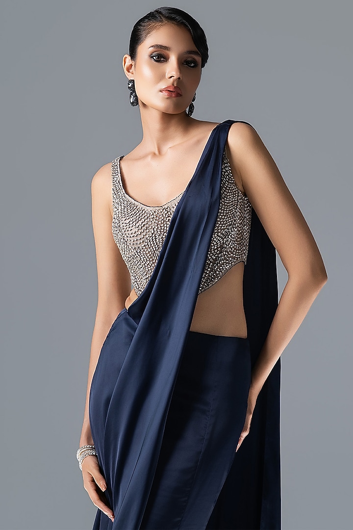 Midnight Blue Satin & Tulle Draped Reception Saree Set by Rohit Gandhi & Rahul Khanna at Pernia's Pop Up Shop