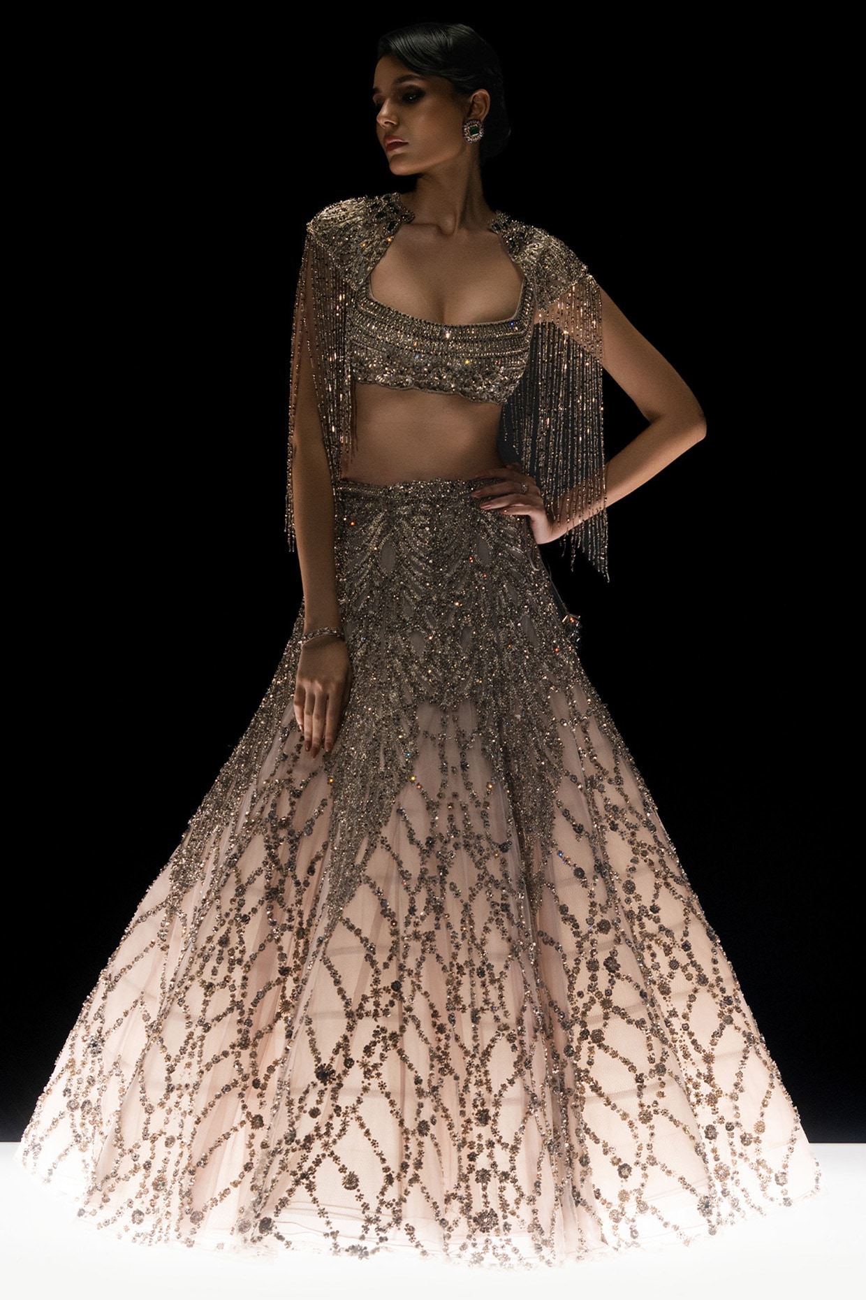Rohit Gandhi & Rahul Khanna Dove Grey Tulle Crystal Motifs Embroidered Lehenga Set