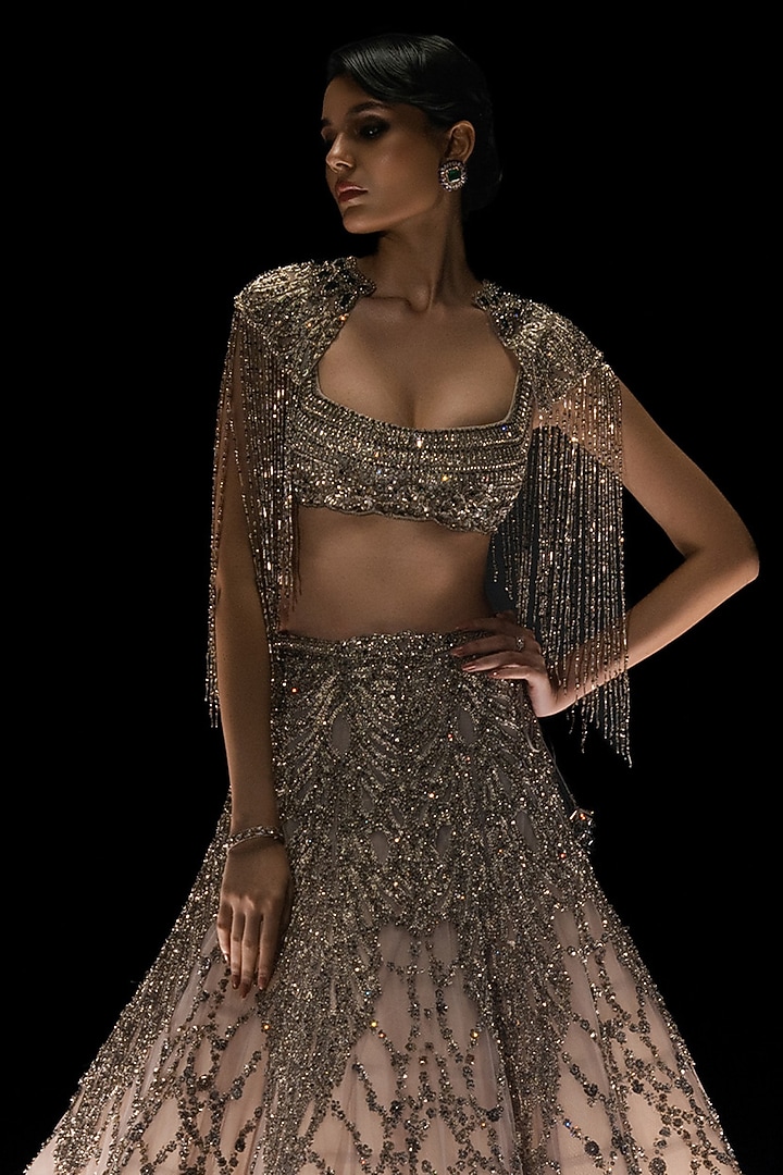 Dove Grey Tulle Crystal Motifs Embroidered Bridal Lehenga Set by Rohit Gandhi & Rahul Khanna at Pernia's Pop Up Shop