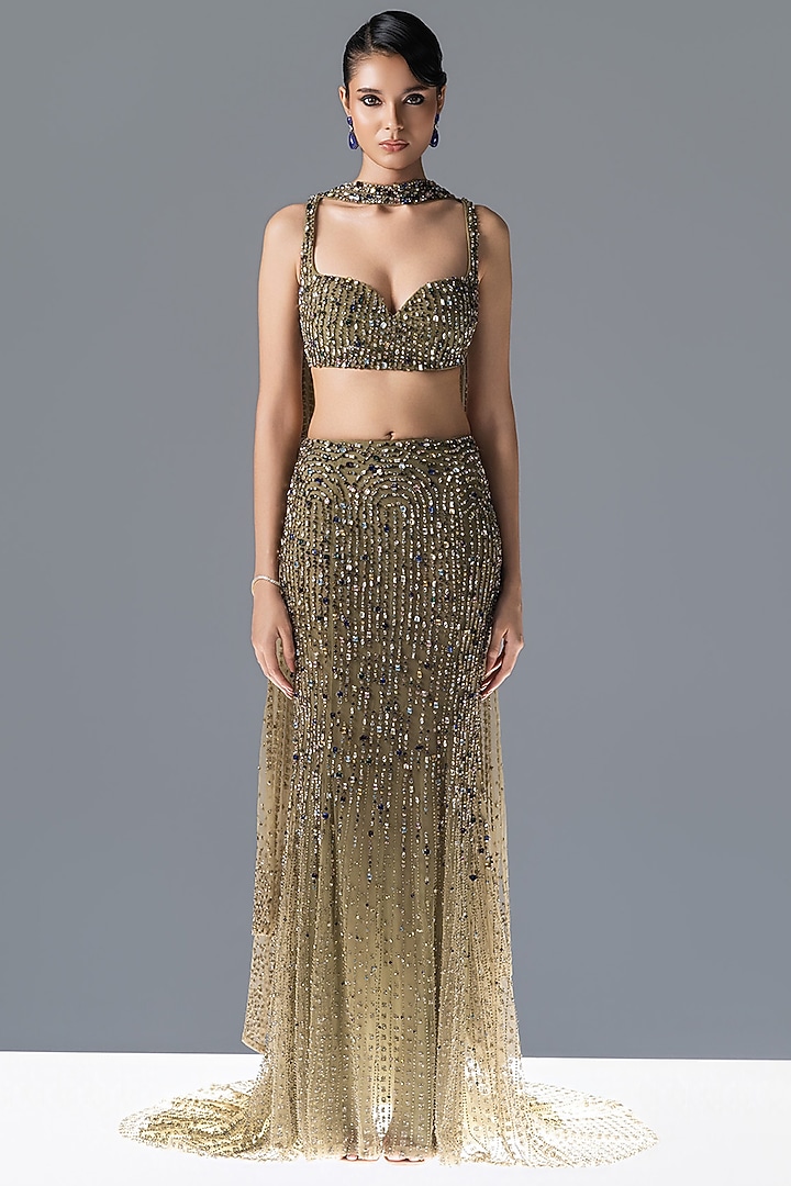 Fern Green Tulle Crystal Embellished Bridal Lehenga Set by Rohit Gandhi & Rahul Khanna at Pernia's Pop Up Shop