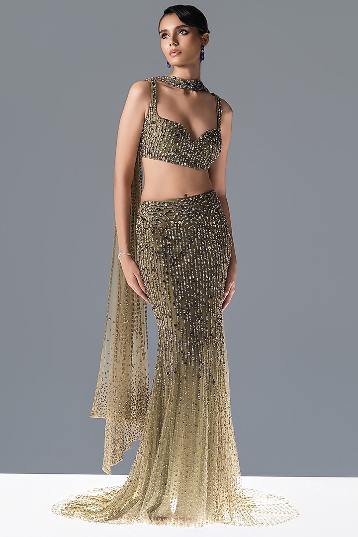Fern Green Tulle Crystal Embellished Bridal Lehenga Set by Rohit Gandhi & Rahul Khanna at Pernia's Pop Up Shop