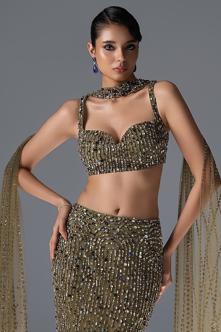 Fern Green Tulle Crystal Embellished Bridal Lehenga Set by Rohit Gandhi & Rahul Khanna at Pernia's Pop Up Shop