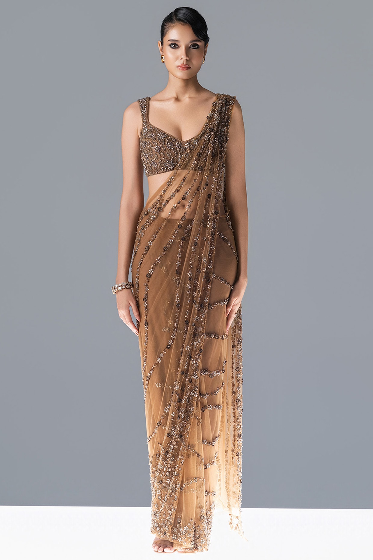 Rohit Gandhi & Rahul Khanna Gold Tulle Crystal Embroidered Saree Set