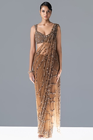 Gold Tulle Crystal Embroidered Saree Set by Rohit Gandhi & Rahul Khanna