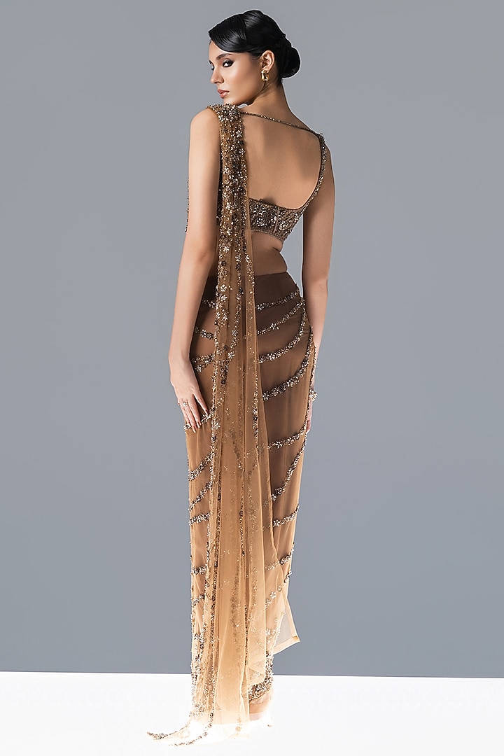 Gold Tulle Crystal Embroidered Bridal Saree Set by Rohit Gandhi & Rahul Khanna at Pernia's Pop Up Shop
