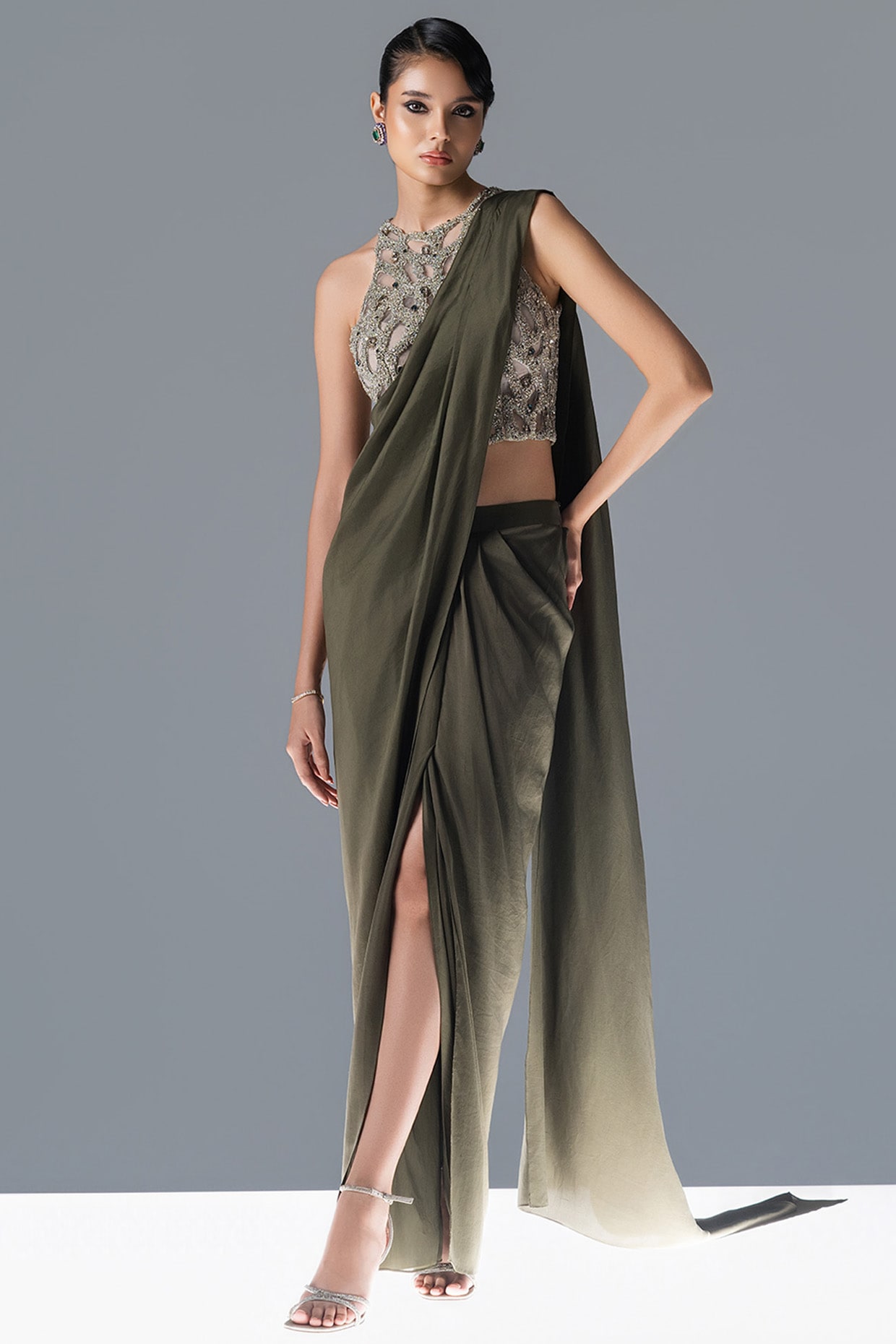 Rohit Gandhi & Rahul Khanna Sap Green Silk Draped Saree Set