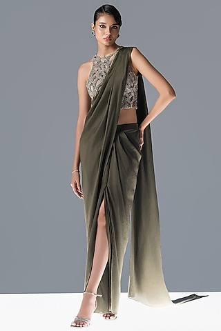 Sap Green Silk Draped Saree Set by Rohit Gandhi & Rahul Khanna