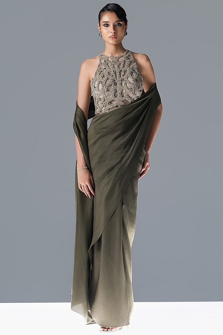 Sap Green Silk Draped Bridal Saree Set by Rohit Gandhi & Rahul Khanna at Pernia's Pop Up Shop