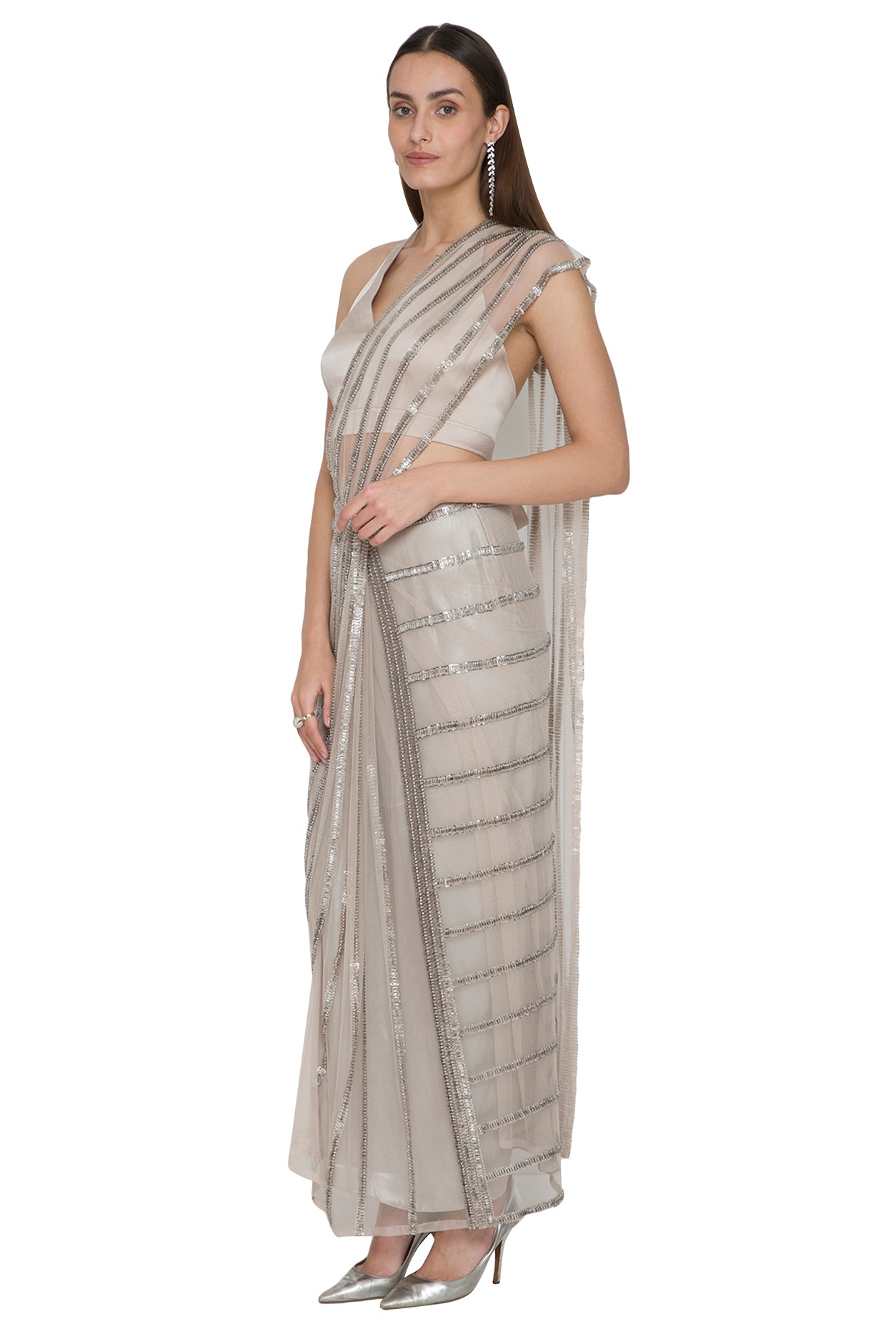 Buy Rohit Gandhi & Rahul Khanna Orbit Silver Embellished Draped