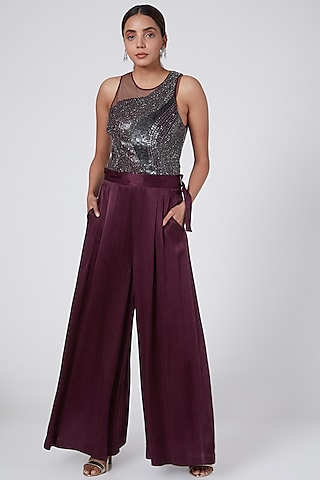Burgundy Embellished Jumpsuit by Rohit Gandhi & Rahul Khanna