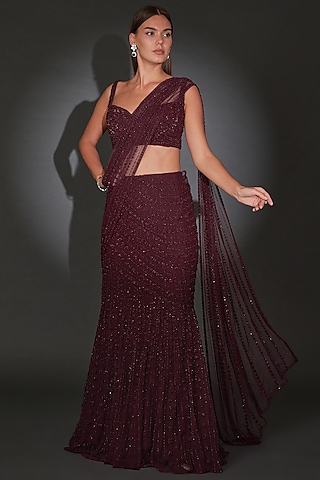 Maroon Tulle Embellished Draped Saree Set by Rohit Gandhi & Rahul Khanna
