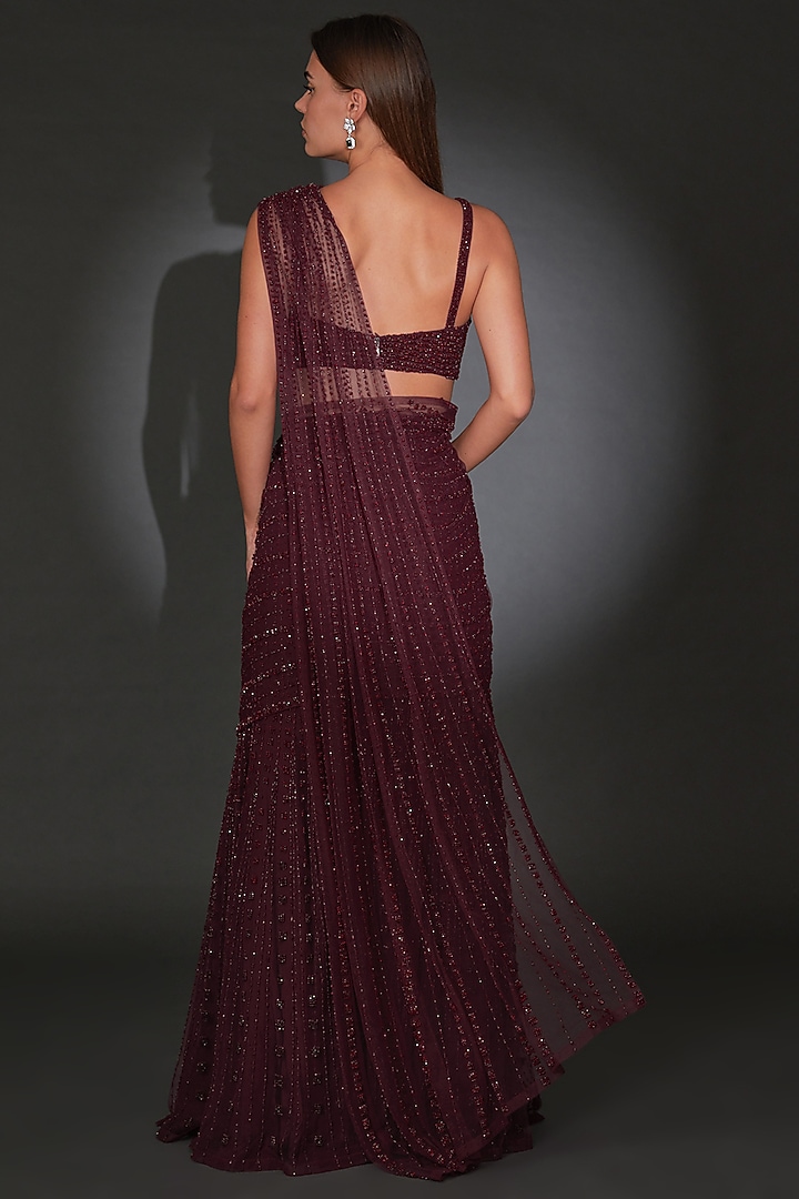 Maroon Tulle Embellished Draped Bridal Saree Set by Rohit Gandhi & Rahul Khanna at Pernia's Pop Up Shop
