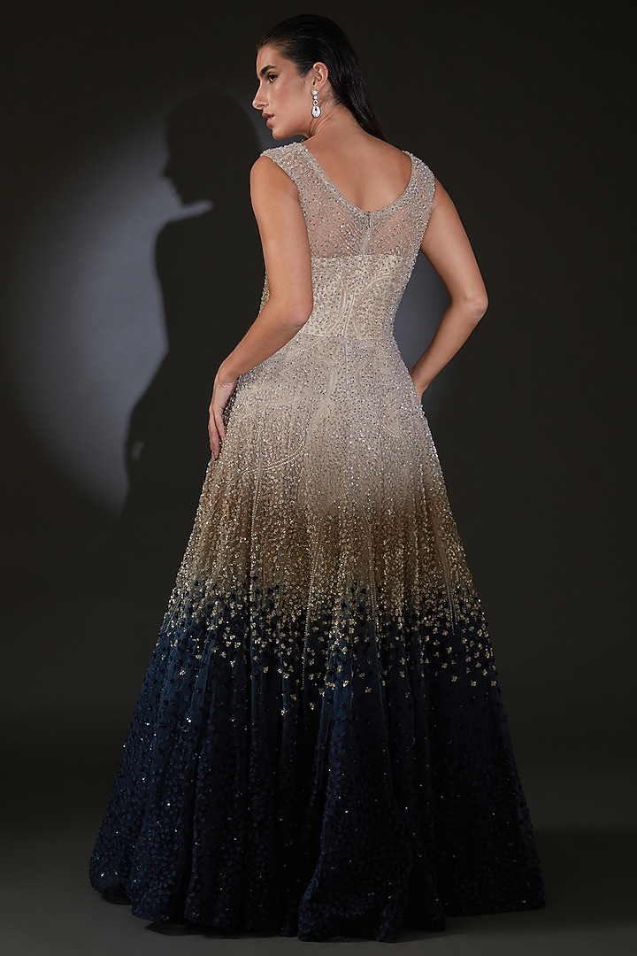Mist Galaxy Blue Ombre Tulle Sequins Embroidered Gown by Rohit