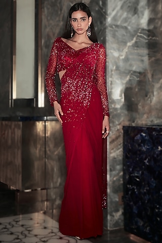 Aster Pink Georgette Crystal Embellished Pre-Stitched Saree Set by Rohit Gandhi & Rahul Khanna