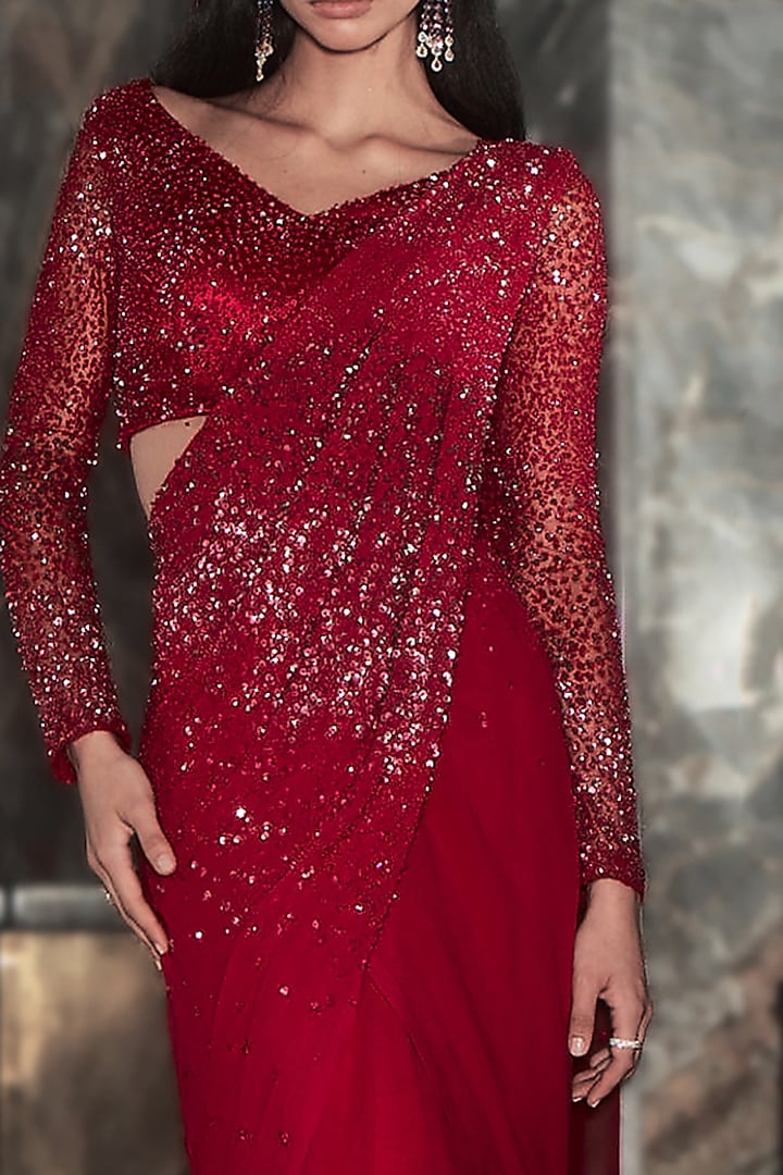 Aster Pink Georgette Crystal Embellished Pre-Stitched Reception Saree Set by Rohit Gandhi & Rahul Khanna at Pernia's Pop Up Shop