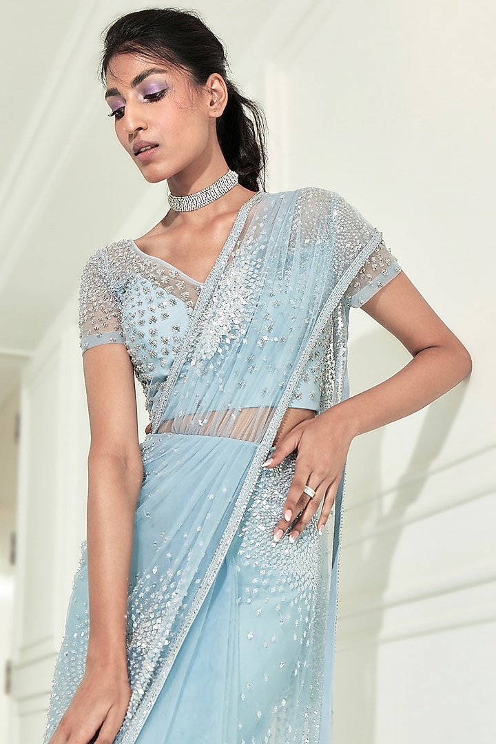 Iris Blue Crystal Embellished Pre-Stitched Bridal Saree Set by Rohit Gandhi & Rahul Khanna at Pernia's Pop Up Shop