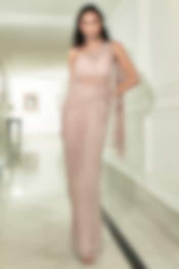 Beige Tulle Glass Bead Embroidered Pre-Stitched Bridal Saree Set by Rohit Gandhi & Rahul Khanna at Pernia's Pop Up Shop