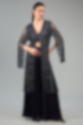 Navy Blue Tulle Hand & Machine Embroidered Cape Set by Rohit Gandhi & Rahul Khanna